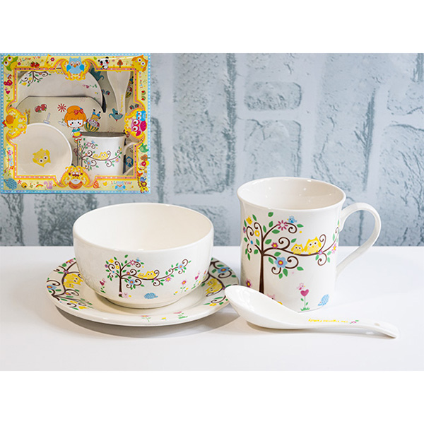 Комплект детски с чаша, купа, чиния, лъжица Бухали