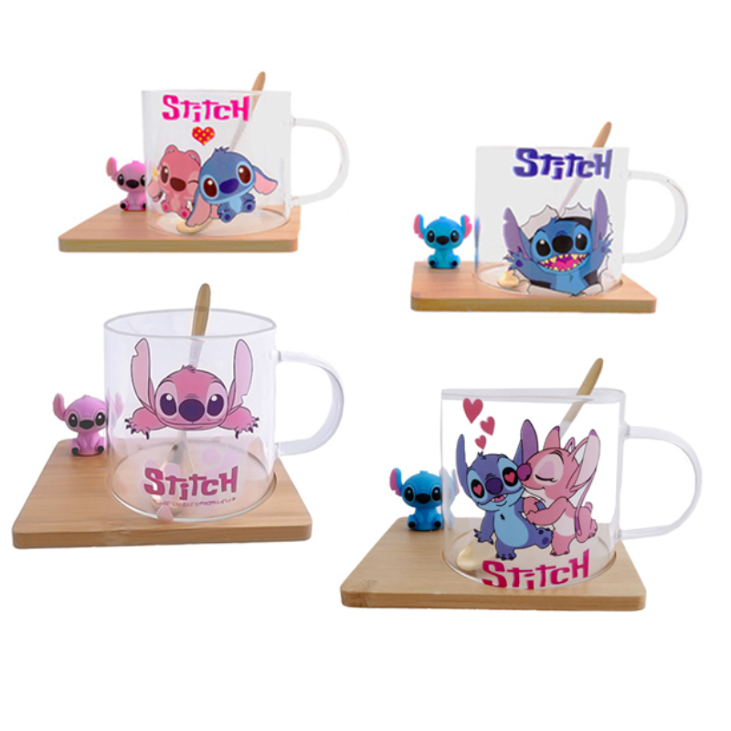 Стъклена чаша Stitch 200 мл с лъжица и дървена поставка